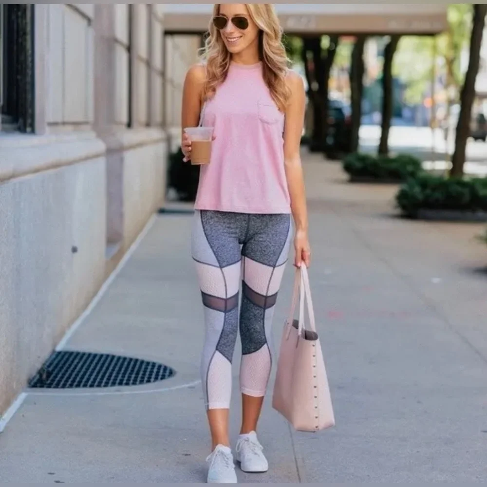 Zella Power Mesh Crop Leggings High Rise Heathered Gray /‎ Pink Size L